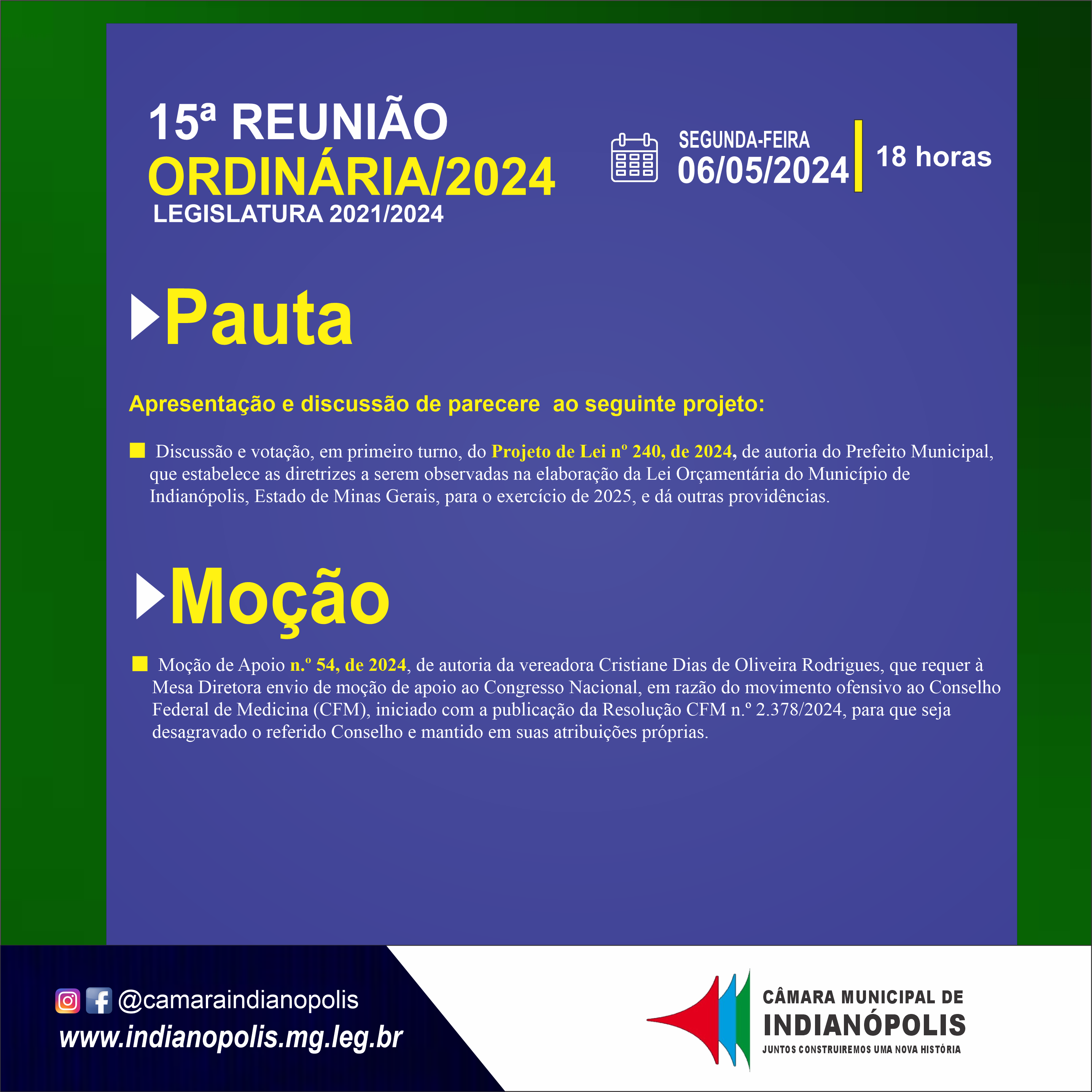 Pauta da 15ª Reunião Ordinária do Primeiro Período de 2024